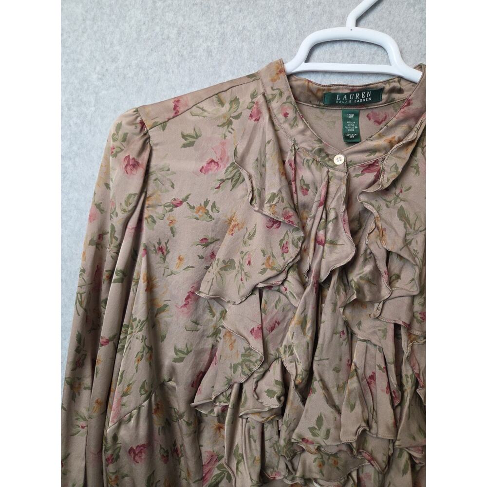 Lauren Ralph Lauren 100% Silk Brown Floral LS Ruffle Jabot Blouse Women Plus 18W - Picture 4 of 11